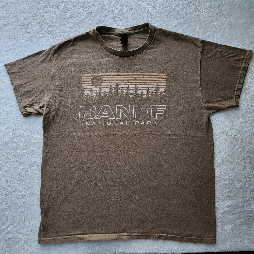 Retro Banff National Park T-Shirt Mens Large Brown Graphic Souvenir Tee Earthy